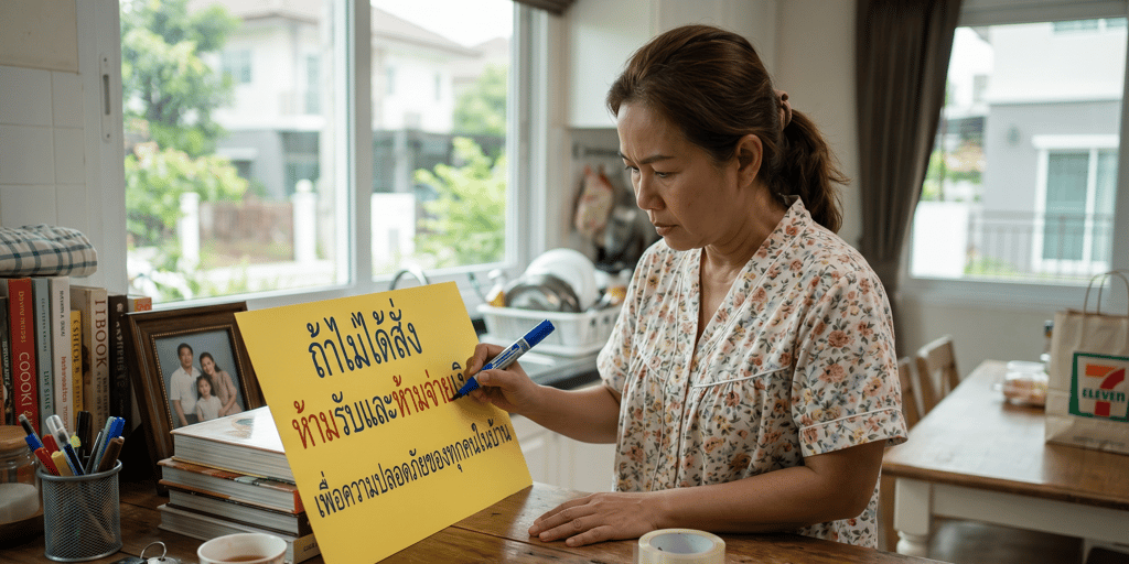 เขียนป้ายบอกคนในบ้านว่า ถ้าไม่ได้สั่ง ห้ามรับและห้ามจ่ายเงิน