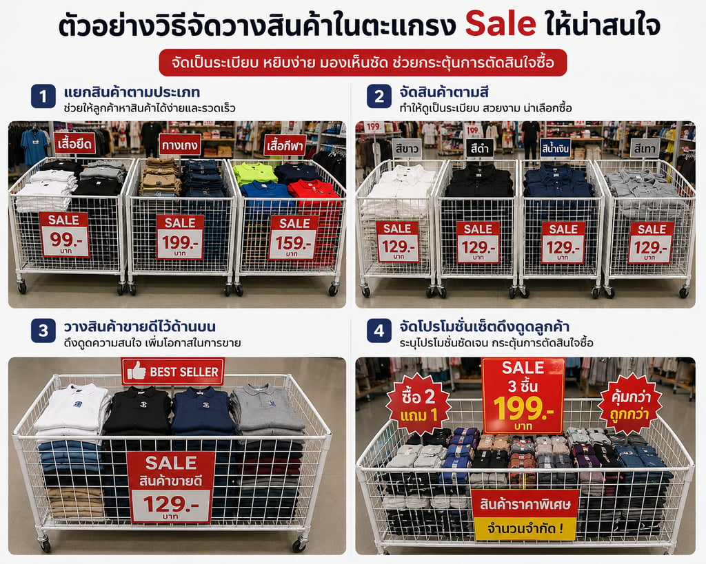 ตัวอย่างวิธีจัดวางสินค้าในตะแกรง Sale ให้น่าสนใจ
